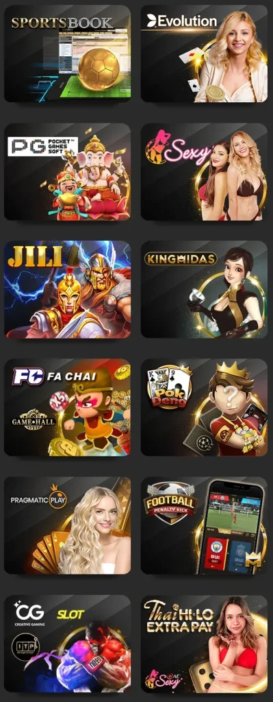 Collage of Ufabet888 online casino and slot game providers including Evolution, Sexy Baccarat, PG Soft, JILI, King Midas, FA Chai, Pragmatic Play, and sports betting options.