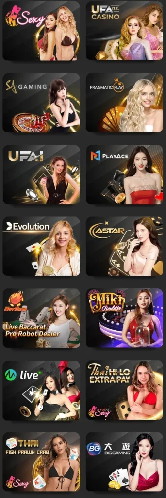 Selection grid of various online casino providers and live dealer games, including logos and promotional models.