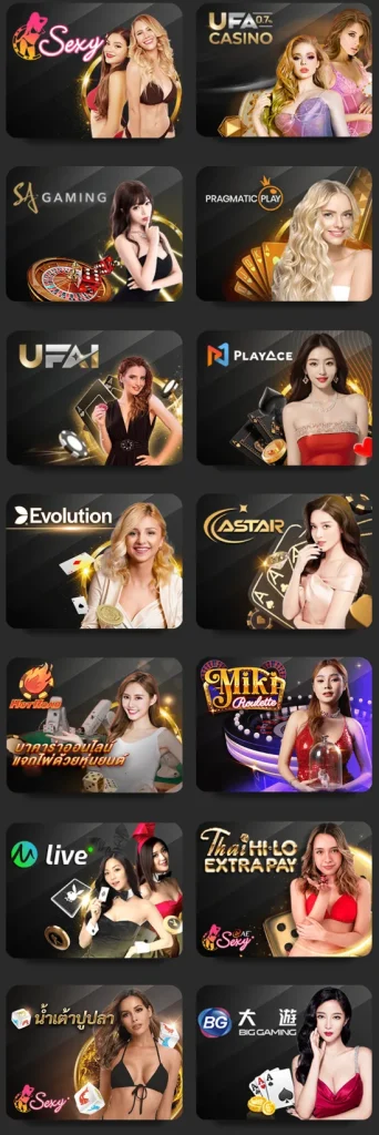 Selection grid of various online casino providers and live dealer games, including logos and promotional models.
