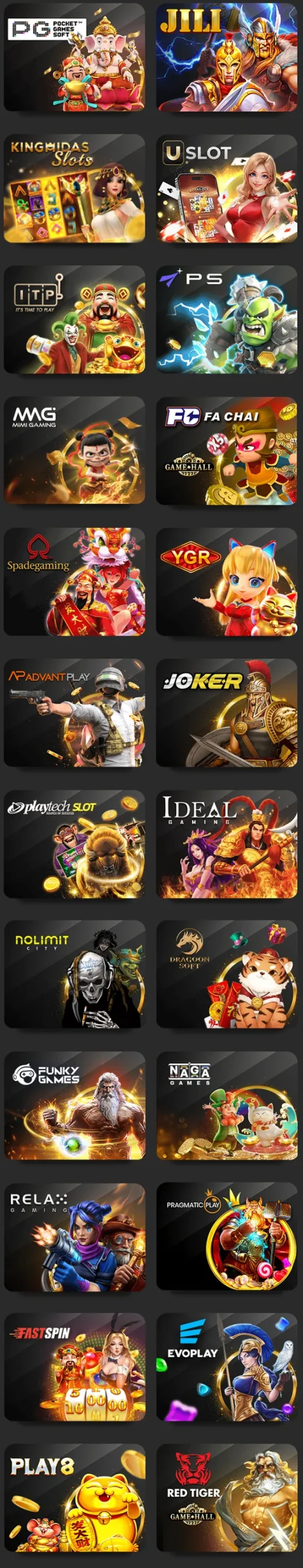 List of online slot game providers including PG, JILI, Kingmaker, Joker, Pragmatic Play, and Red Tiger.