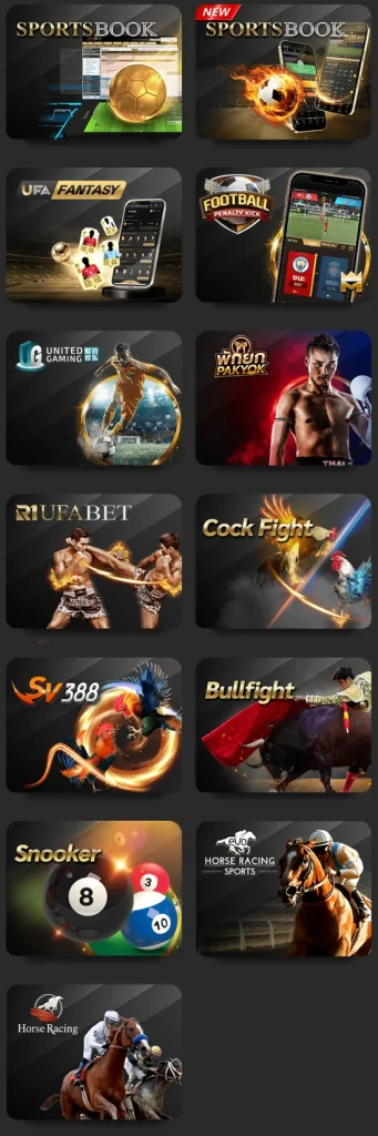 Collage of sports betting and gaming options including football, fantasy sports, penalty shootout, Muay Thai, cockfighting, bullfighting, snooker, and horse racing icon