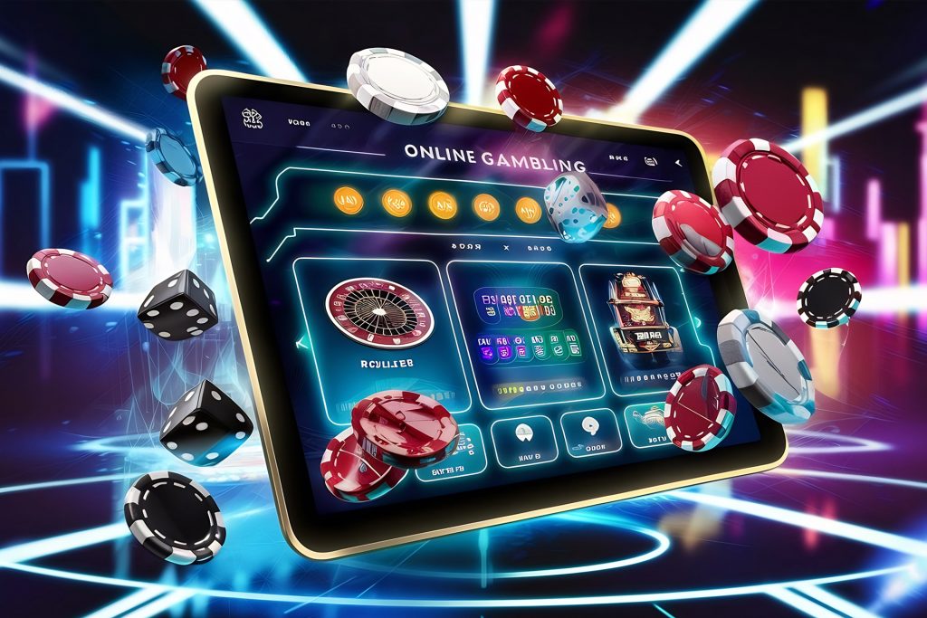 Concept illustration for mobile online casino gaming on a tablet, with chips and dice floating in a neon environment.