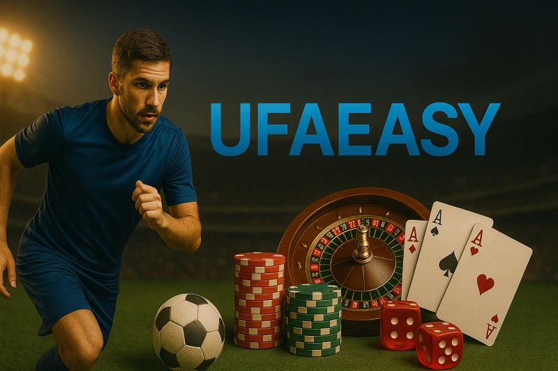 UFAEASY banner with football player, roulette wheel, poker cards, chips, and soccer ball