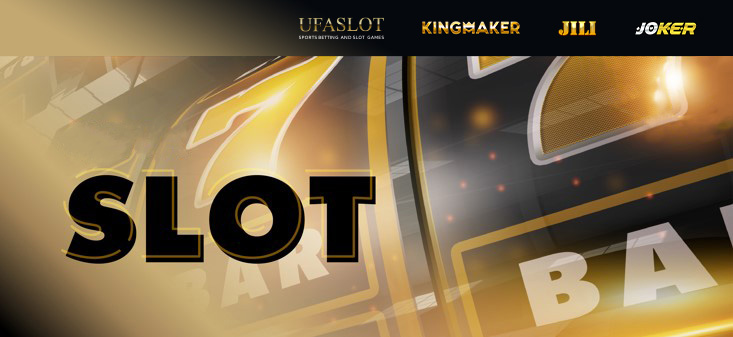Slot banner with slot machine reels and provider logos UFASLOT, Kingmaker, JILI, and Joker.