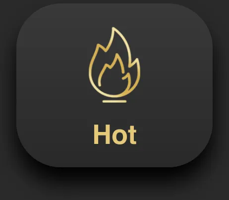 Golden flame icon with the word Hot on a dark background