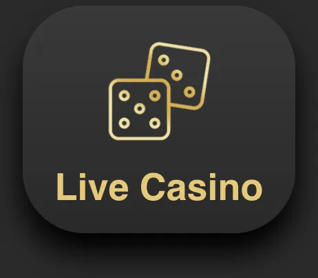 Live Casino banner icon with two golden dice on black background.
