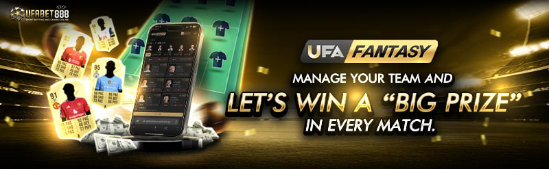 Promotional banner for Ufabet888 UFA Fantasy football showing mobile app, player cards, and cash prizes.