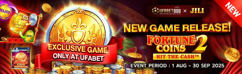 UFABET banner promoting Fortune Coins 2 exclusive game release with gold coins and event period August to September 2025