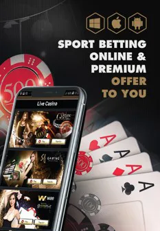 Smartphone with live casino and playing cards promoting Ufabet888 sport betting and online casino.