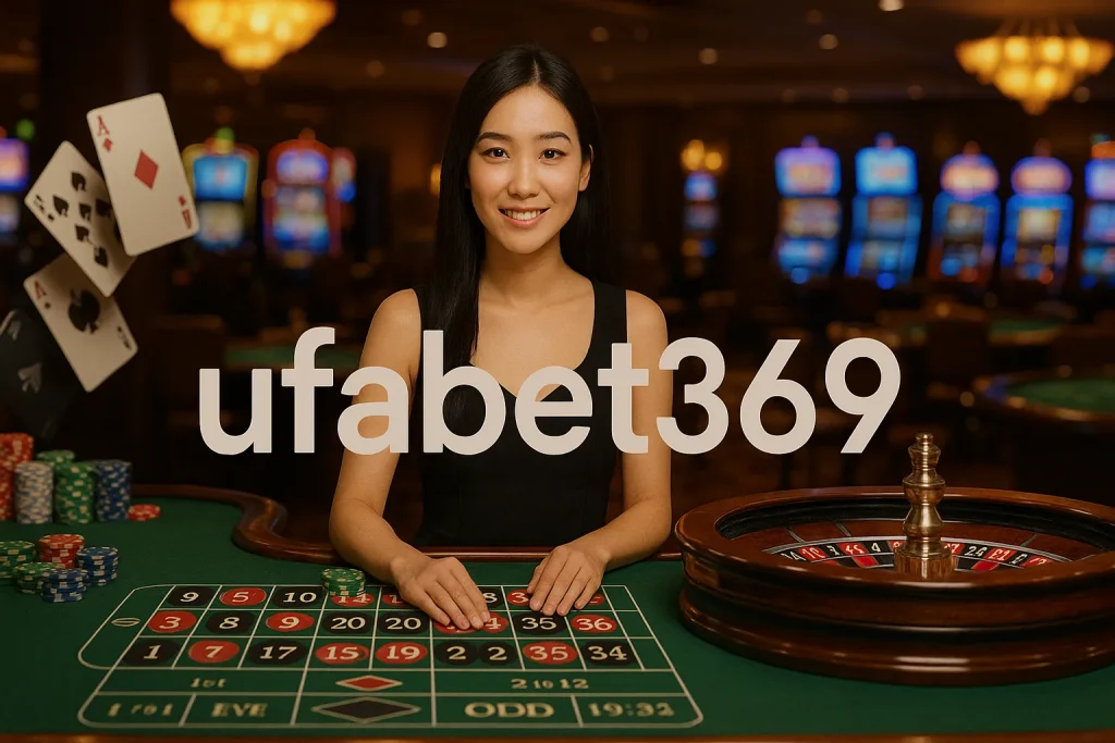 Smiling live dealer hosting a roulette game with casino chips and cards in the background