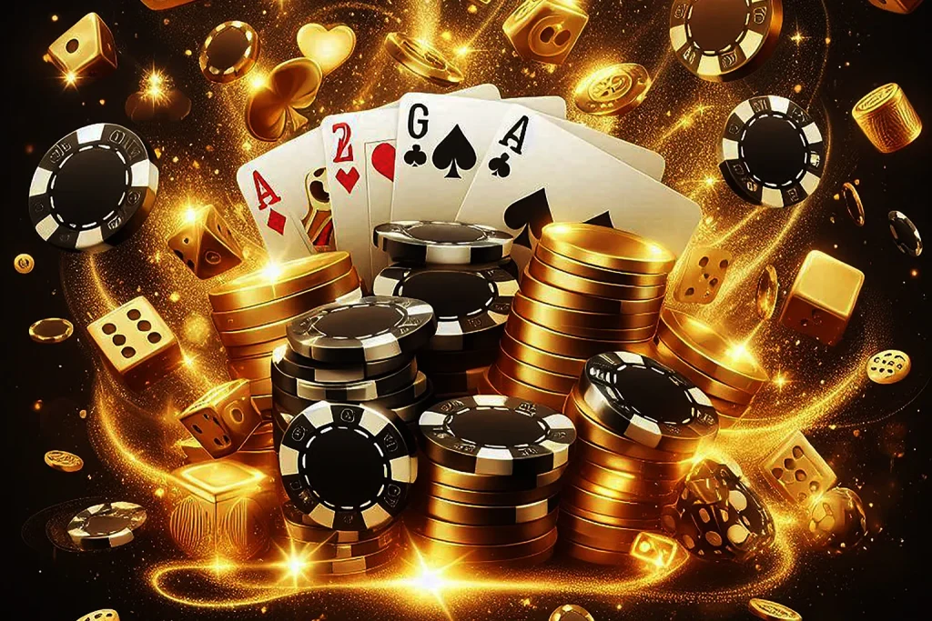 Golden casino theme with poker chips, dice, coins, and playing cards glowing in a luxurious background