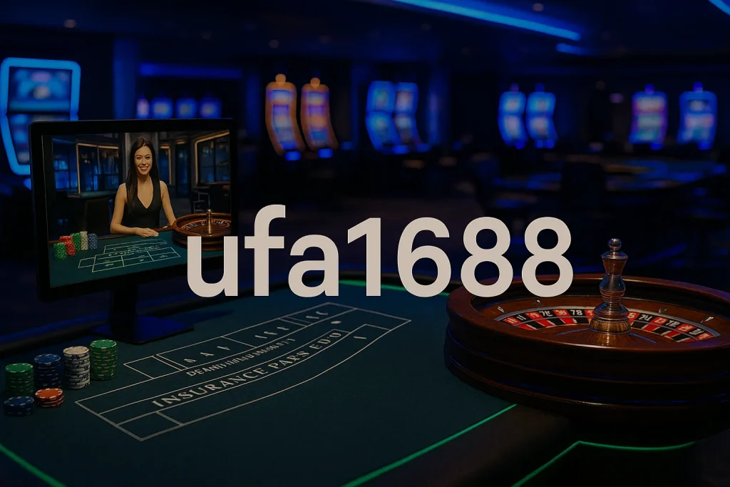 Casino roulette table with live dealer streamed on screen and ufa1688 branding
