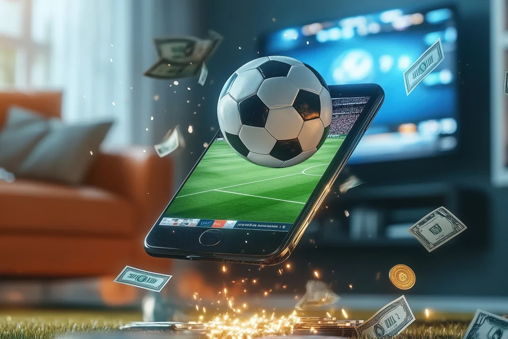 Concept image of mobile soccer betting: a football and field popping out of a phone screen with cash raining down.