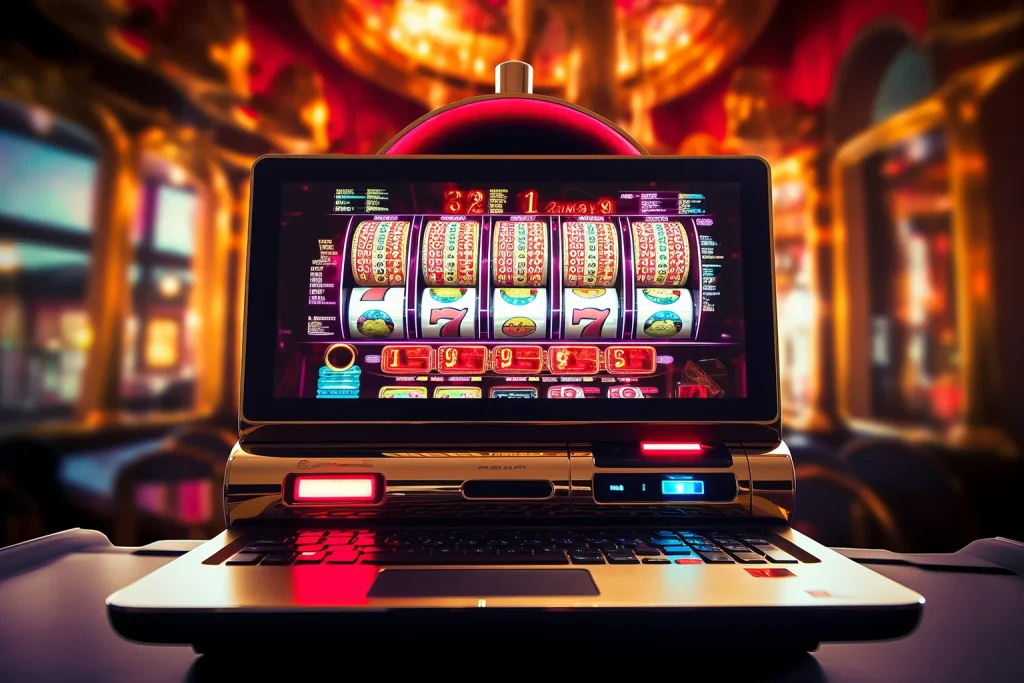 Laptop screen displaying an online slot machine game with glowing lights in a casino background
