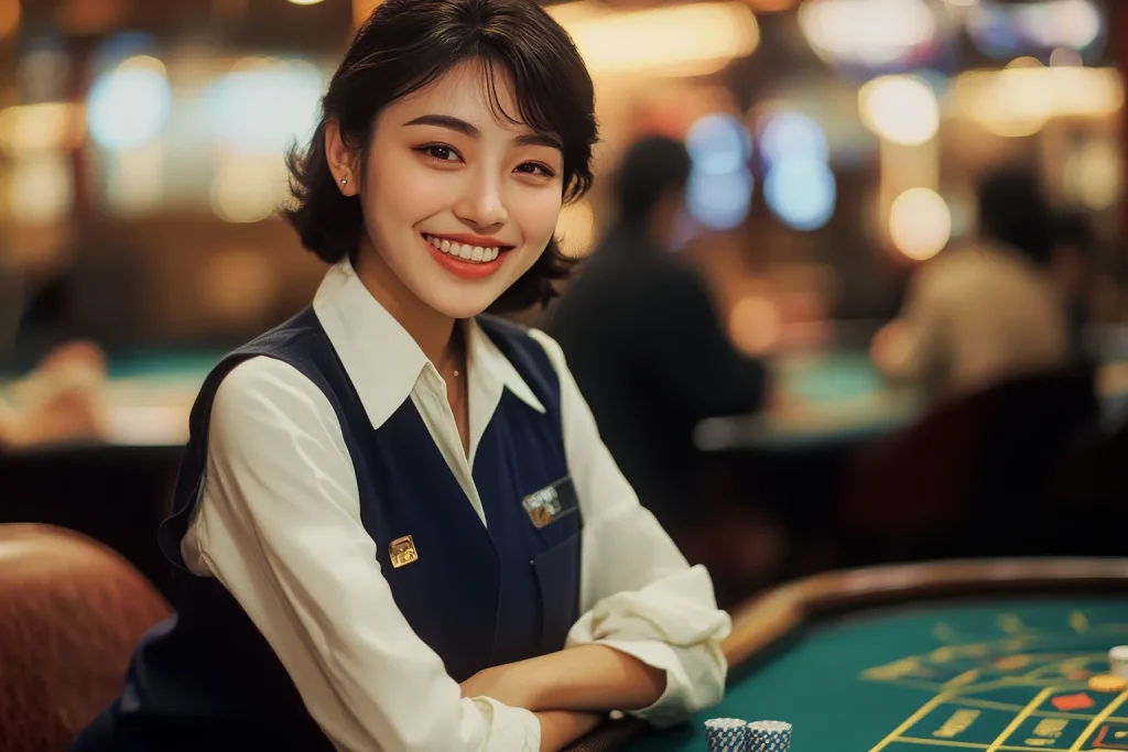 Smiling female casino dealer at a gaming table with poker chips in a lively casino environment