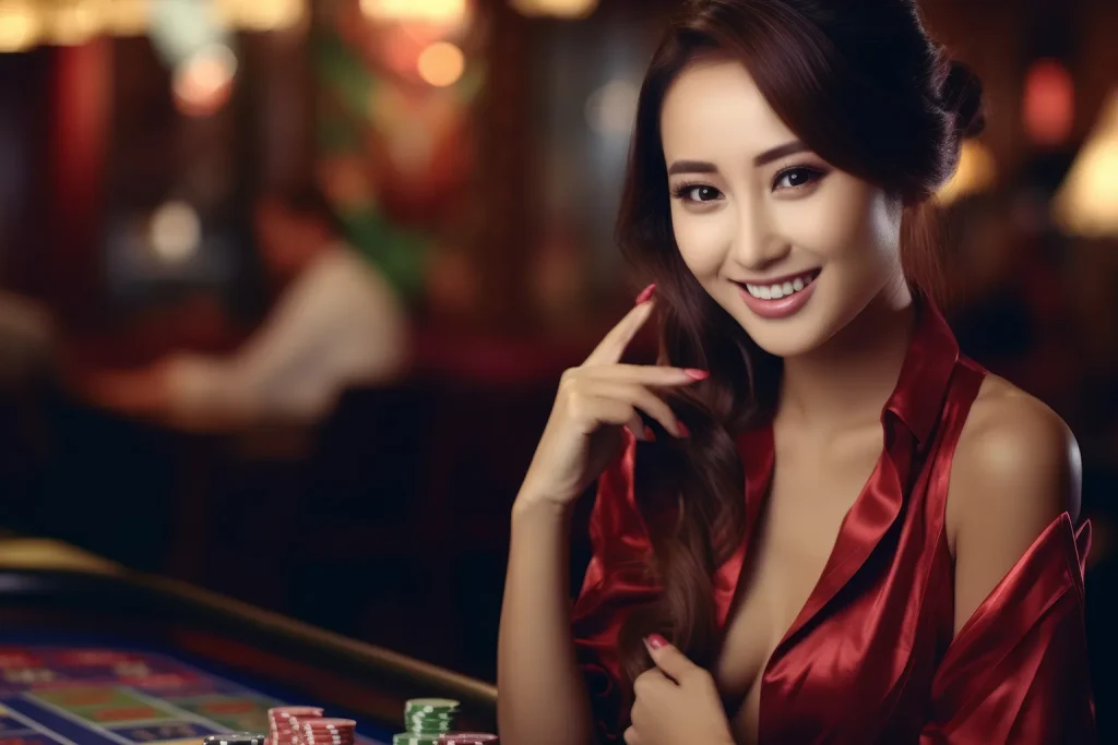 Smiling female casino dealer in a red dress sitting at a table with poker chips