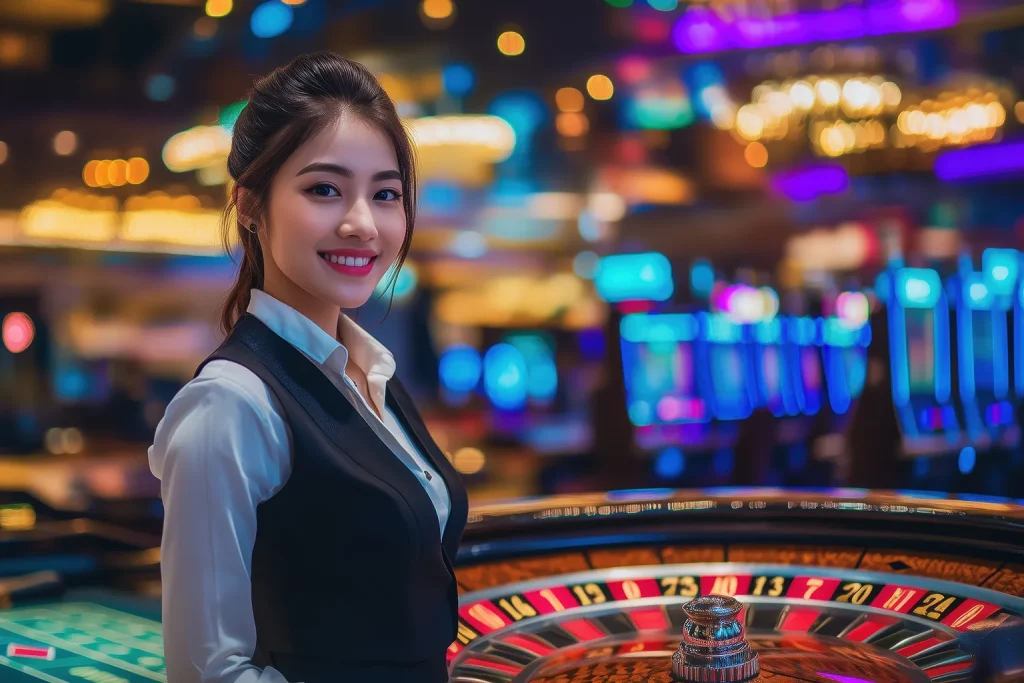 Smiling female casino dealer standing beside a roulette table with slot machines glowing in the background
