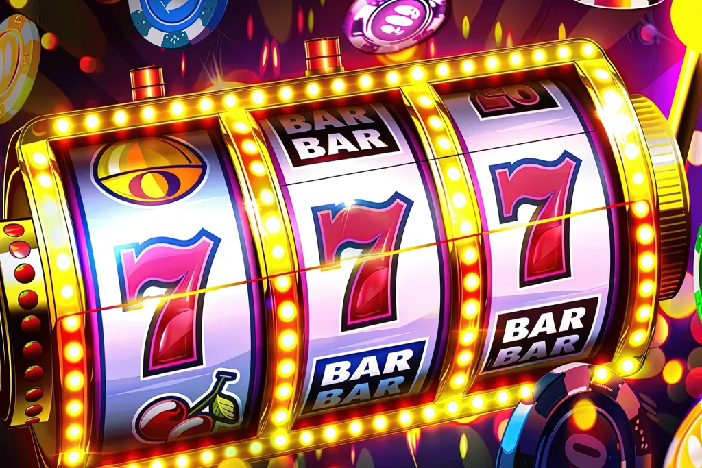 Colorful slot machine with glowing lights showing 777 jackpot and bar symbols