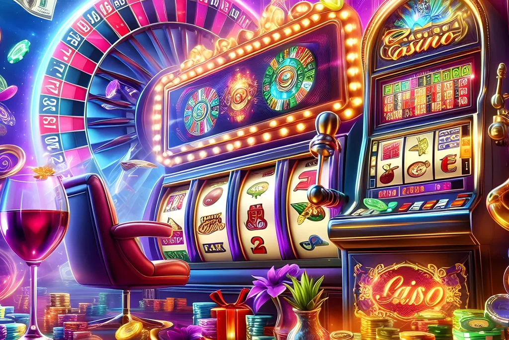 Golden slot machine with jackpot 777 symbols, cherries, BAR icons, and flying coins.