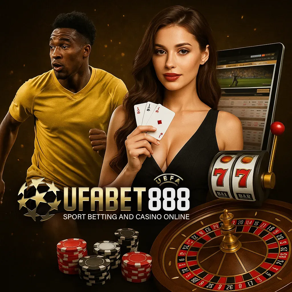 Promotional banner for Ufabet888 featuring sports betting, baccarat cards, slot machine, roulette, and poker chips.