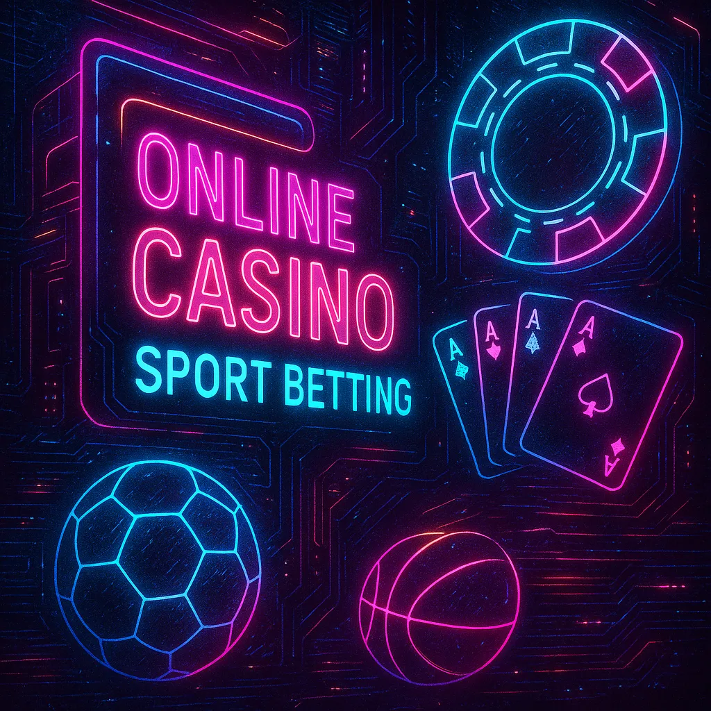Neon sign with online casino and sport betting icons including poker cards, chips, football, and basketball.
