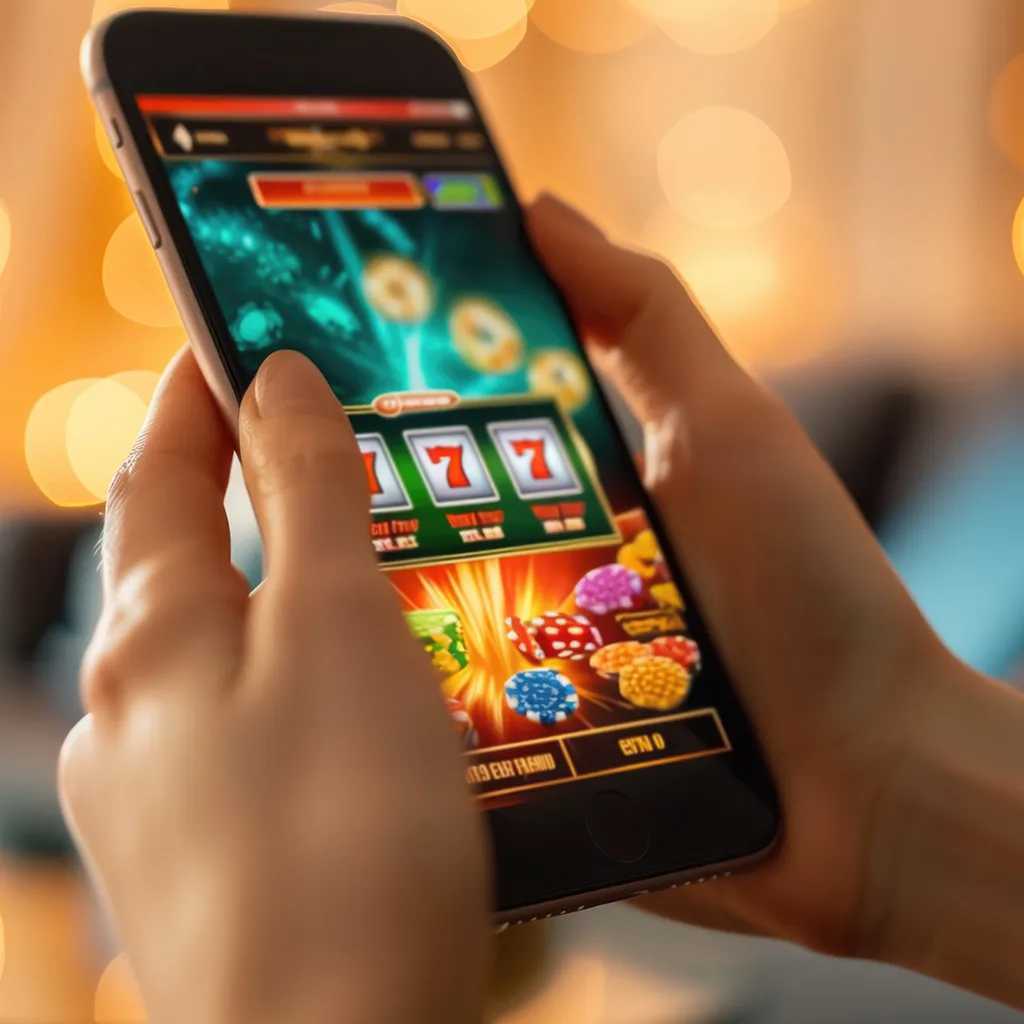 Person playing an online slot game on smartphone with colorful graphics and 777 reels.