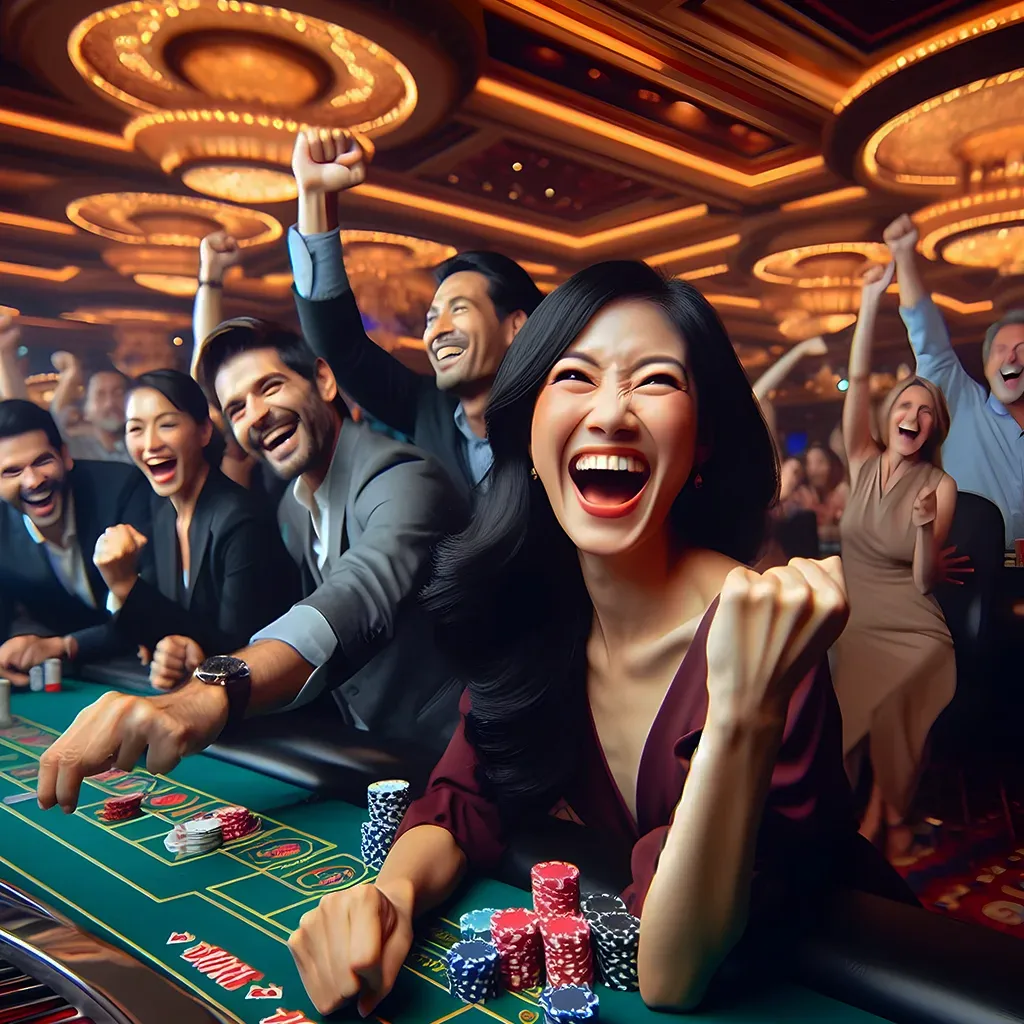 Group of people celebrating a big win at a casino table with poker chips and roulette.
