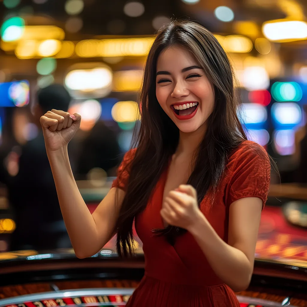 Excited woman cheering and celebrating a win at a casino game, with blurred background lights.
