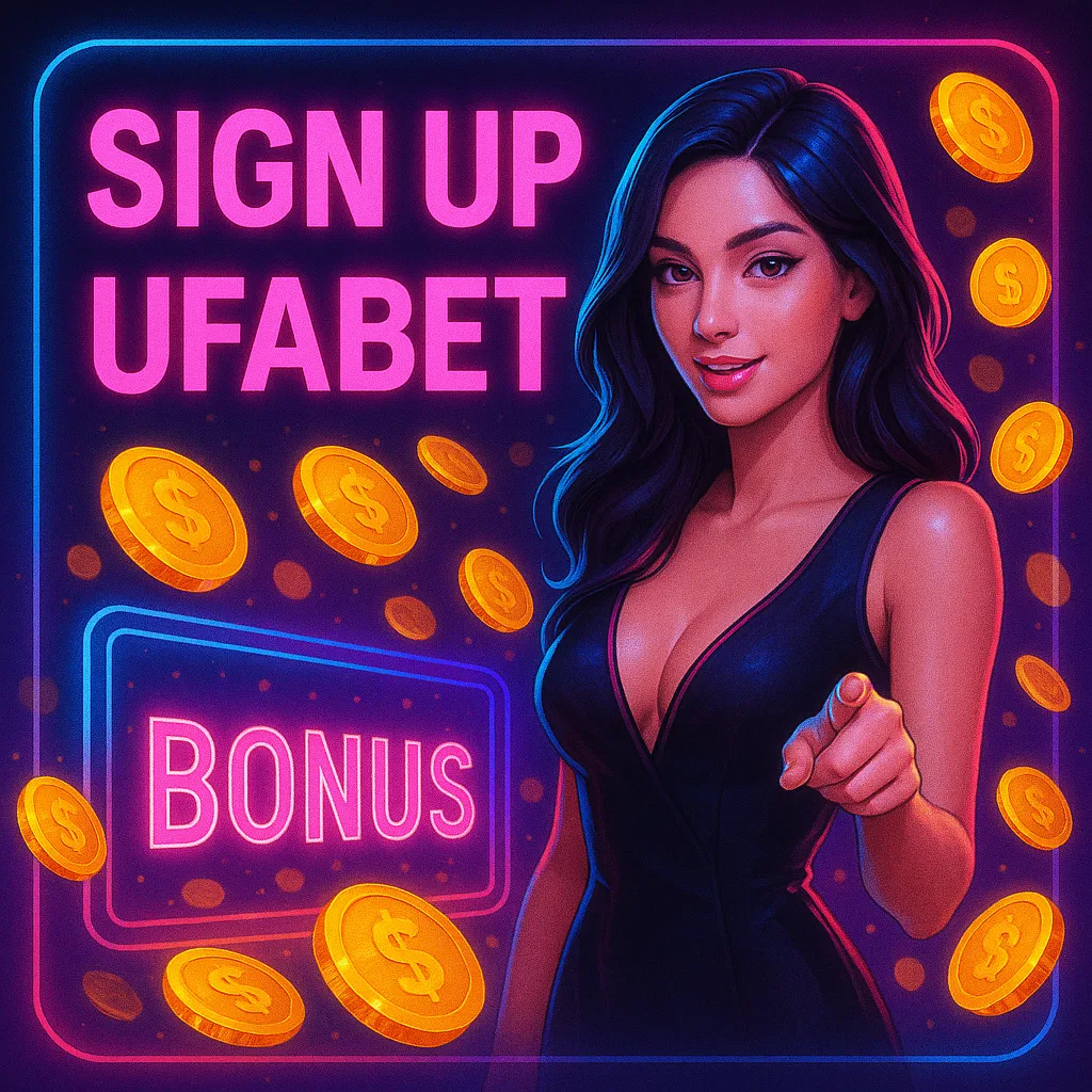 UFABET sign-up advertisement with a smiling woman pointing, neon frame, and gold coins.