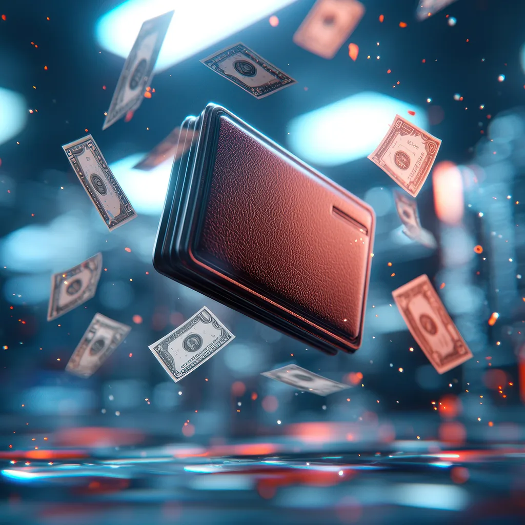 Digital art of a floating wallet with cash (dollar bills) raining down in a dark, abstract setting.