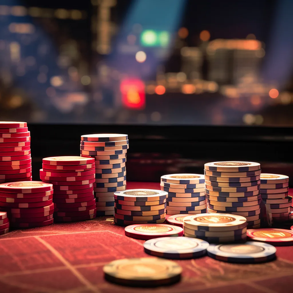 Close-up of casino chips on a gambling table against a dark, blurry city lights backdrop.