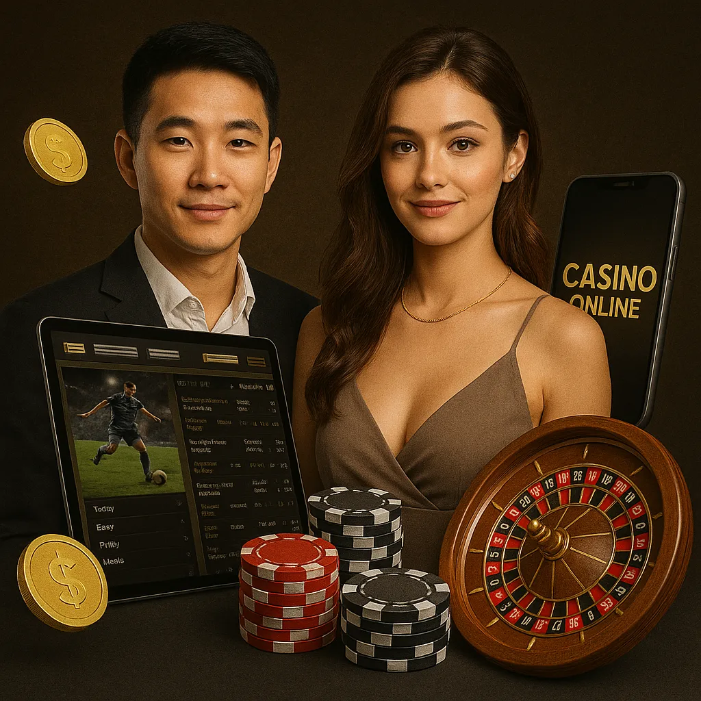 Man and woman promoting Ufabet888 online casino with roulette wheel, poker chips, mobile phone, and sports betting screen.
