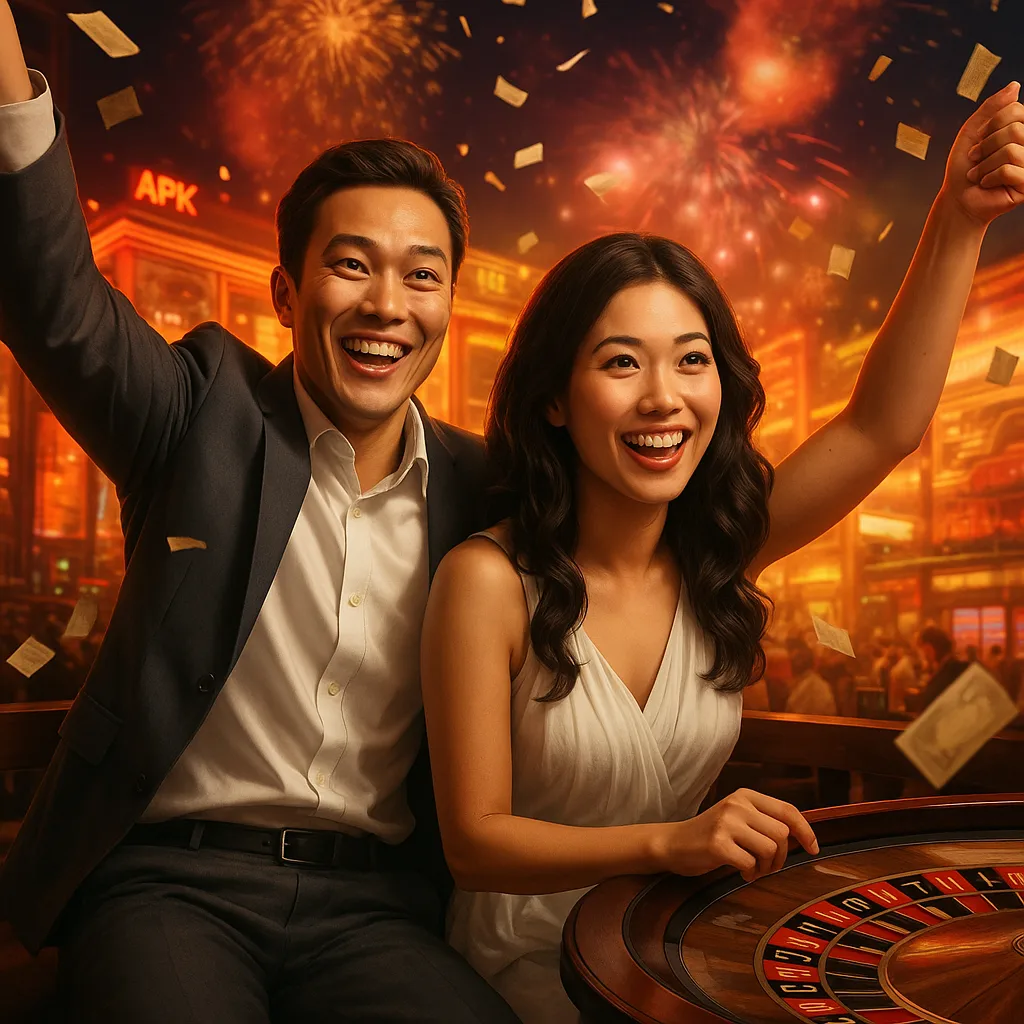 Happy couple celebrating a big win at a roulette table in a lively casino with fireworks in the background.