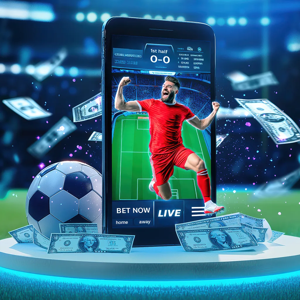 Football player celebrating with a smartphone showing live football betting and cash rewards.