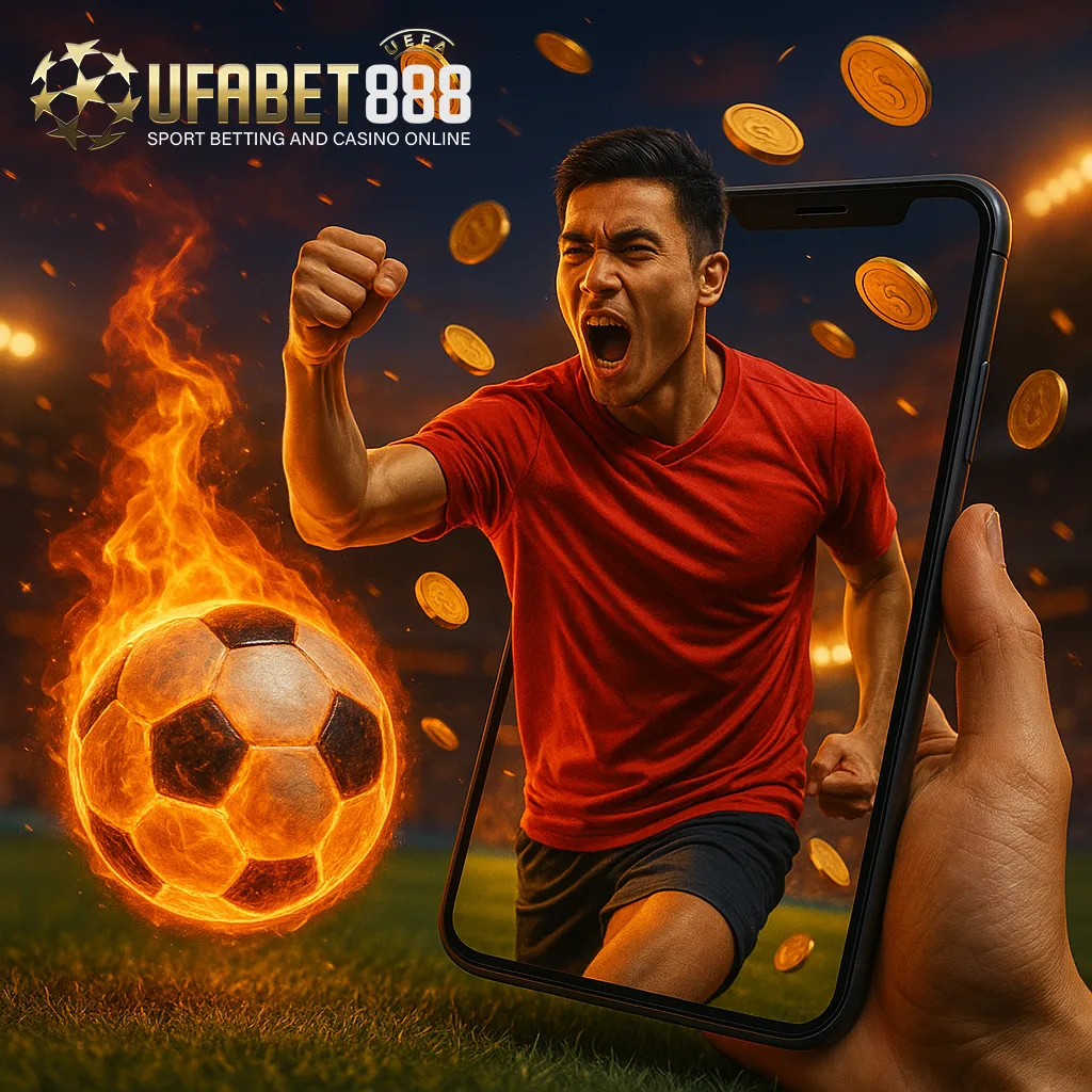 Excited football fan with a flaming soccer ball and coins, representing online football betting at UFABET888.