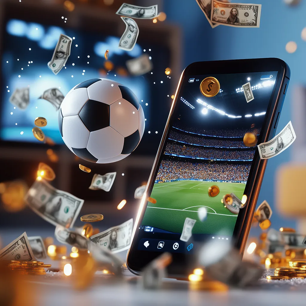 Soccer ball and money flying around a smartphone screen showing a football stadium, symbolizing mobile football betting.
