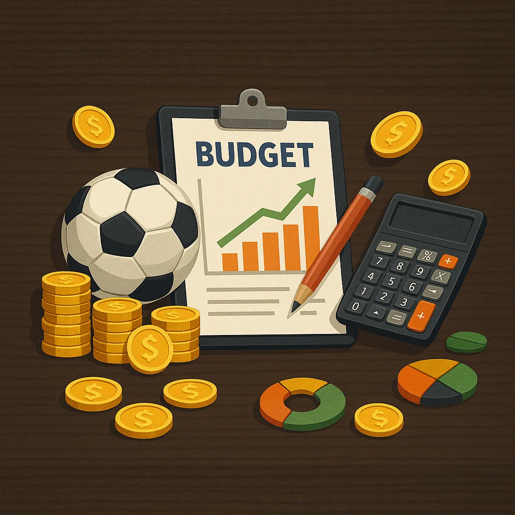 Soccer ball, coins, calculator, and budget chart showing bankroll management for football betting.