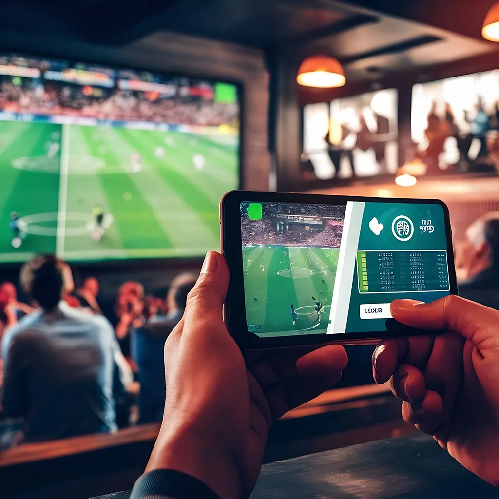 Person holding a smartphone with live football betting screen while watching a soccer match on a big screen in a sports bar