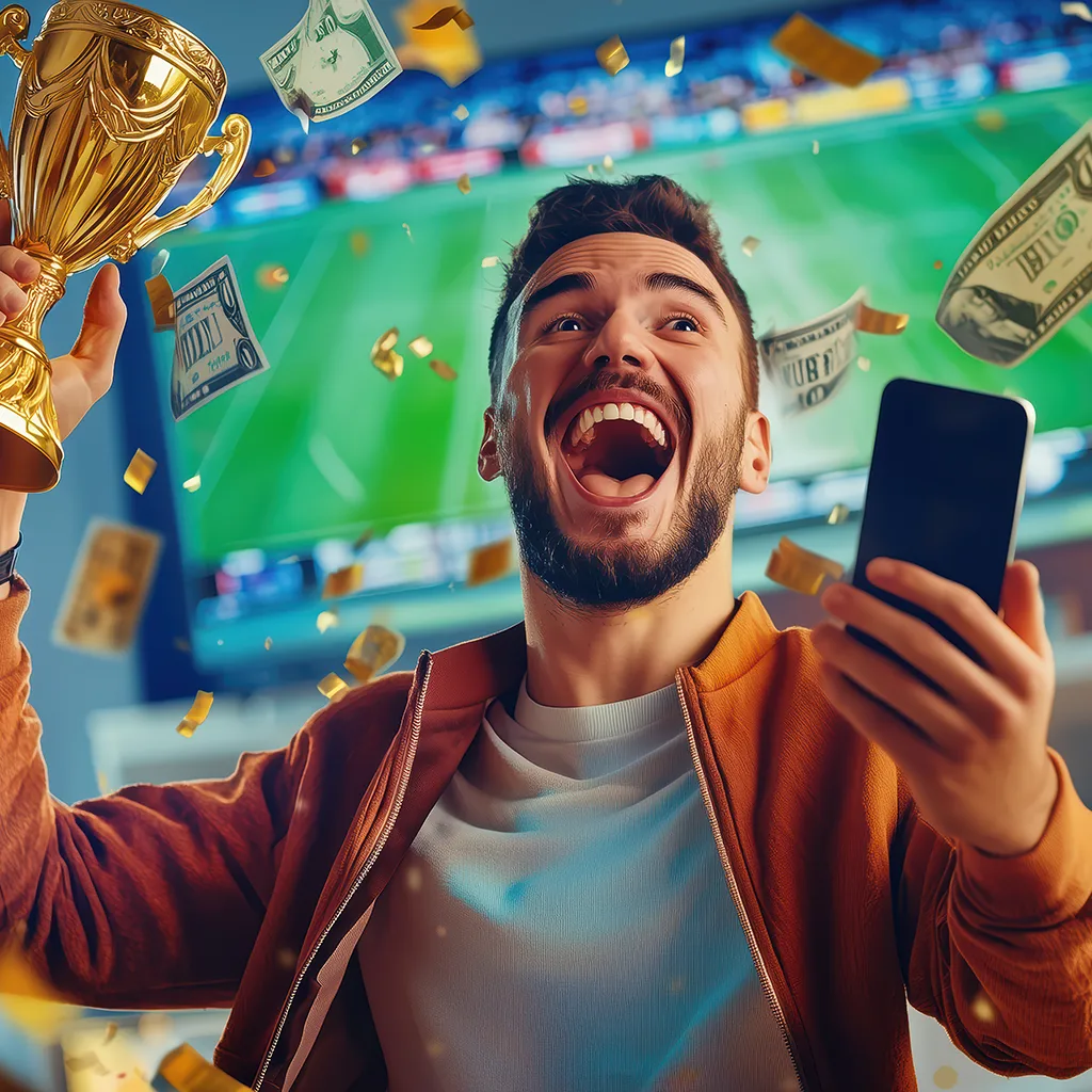 Happy man celebrating a sports betting victory, holding a trophy and phone with money raining down