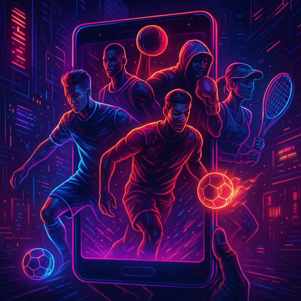 Neon-themed illustration of athletes from soccer, basketball, boxing, and tennis emerging from a mobile phone, symbolizing online sports betting