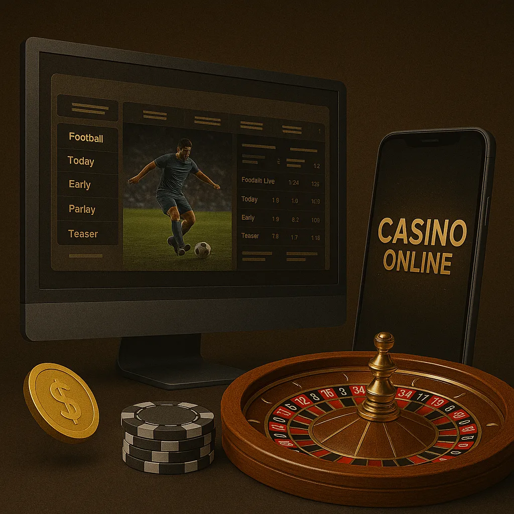 Computer screen showing football betting, roulette wheel, gold coin, poker chips, and smartphone with casino online text, promoting Ufabet888 sports betting and casino services.