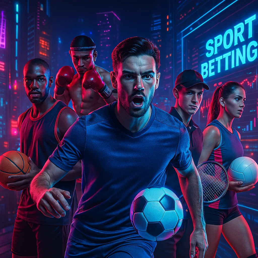 Group of athletes from different sports including soccer, basketball, boxing, tennis, and volleyball promoting sports betting with neon city background