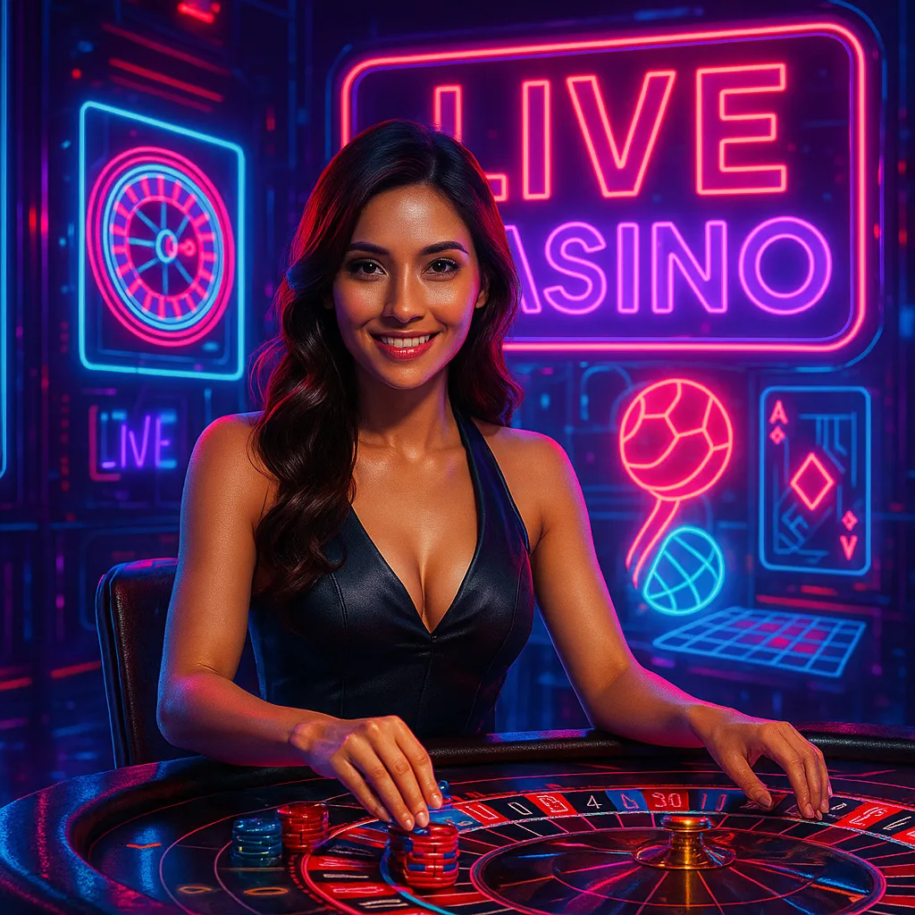 Attractive woman dealing at a neon-lit Live Casino roulette table.