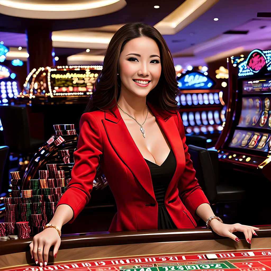 Glamorous casino host or dealer in a red jacket posing at a gambling table.