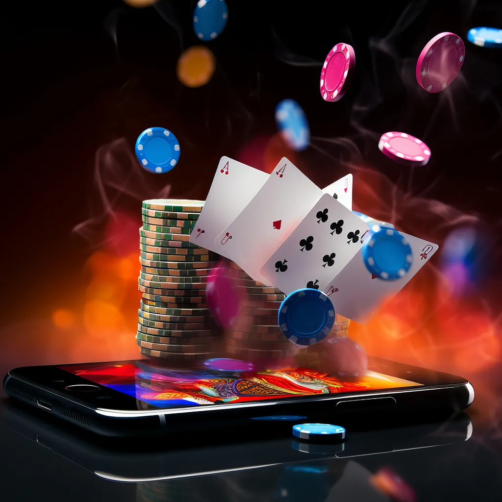 Online gambling concept: Playing cards and casino chips flying out of a smartphone screen.