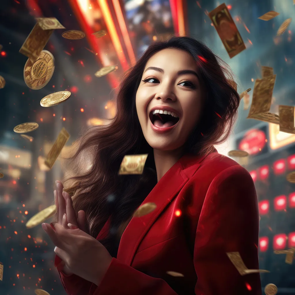 Happy woman celebrating a financial win or jackpot with a downpour of gold money.