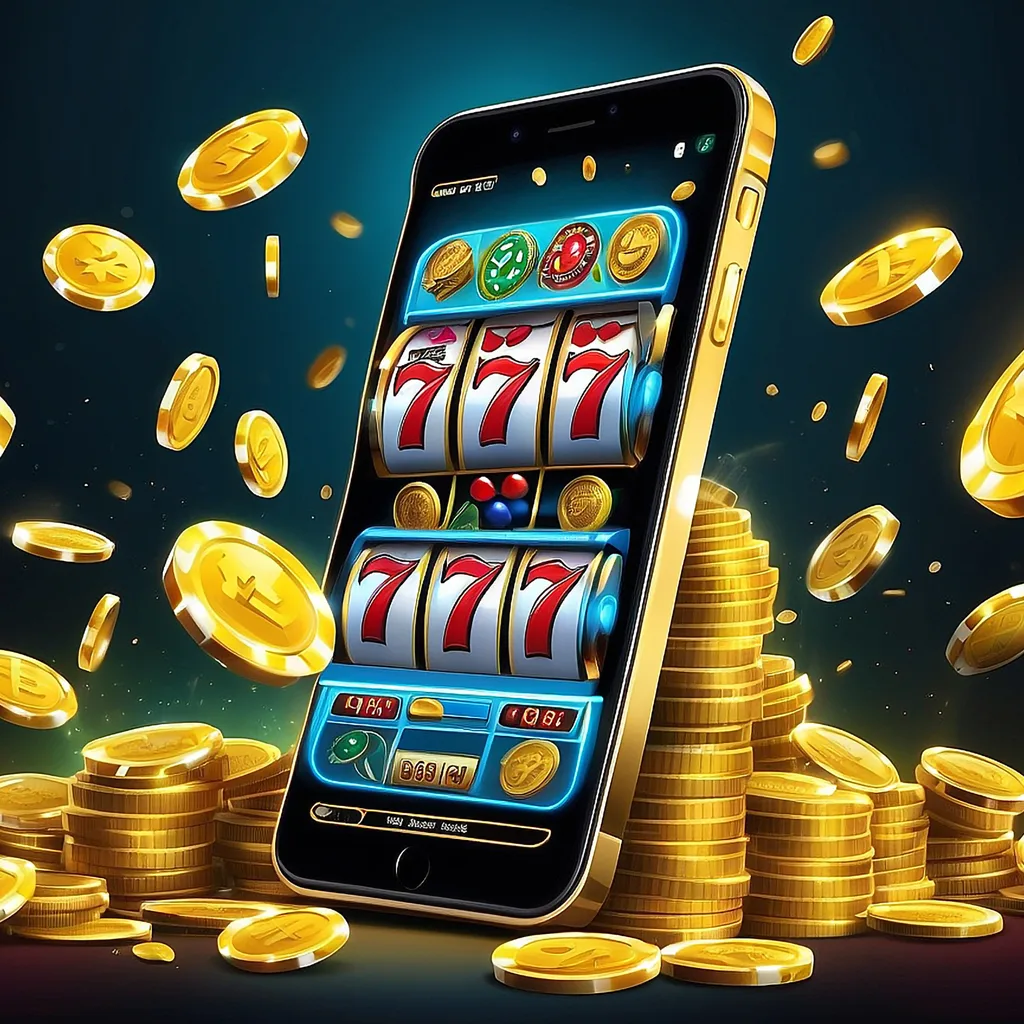 Mobile slot machine with 777 jackpot and golden coins.