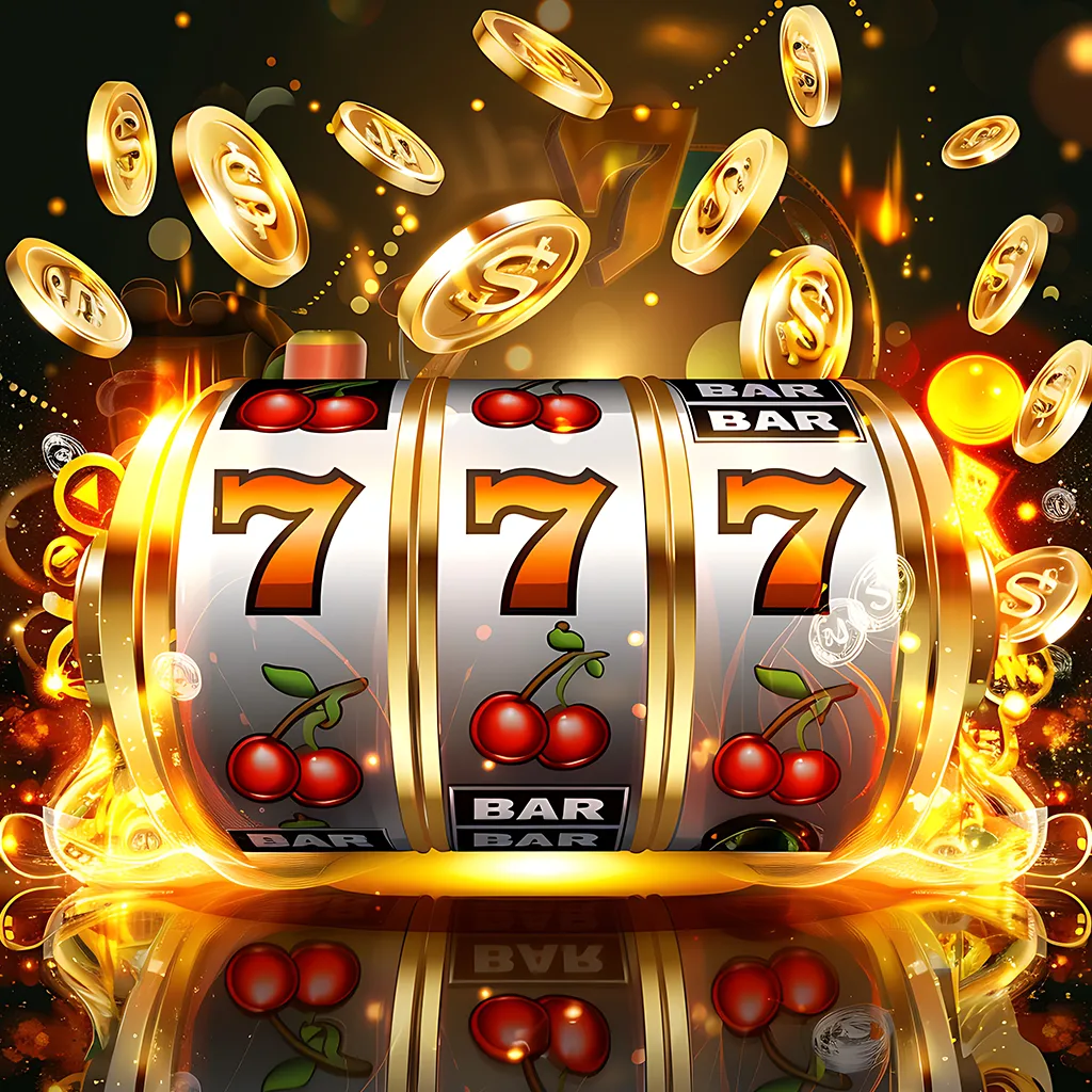 Golden slot machine with jackpot 777 symbols, cherries, BAR icons, and flying coins.