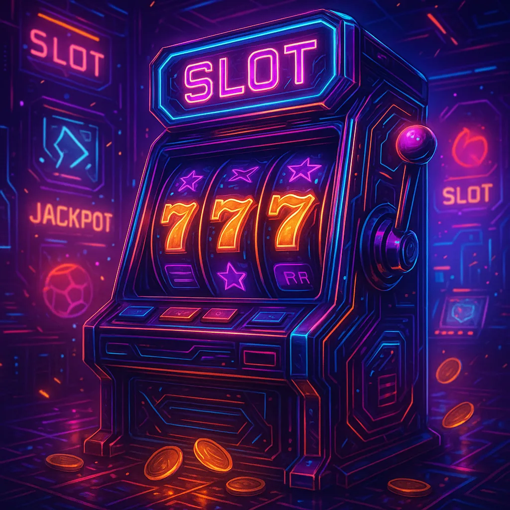Neon slot machine showing jackpot 777 with glowing casino lights.