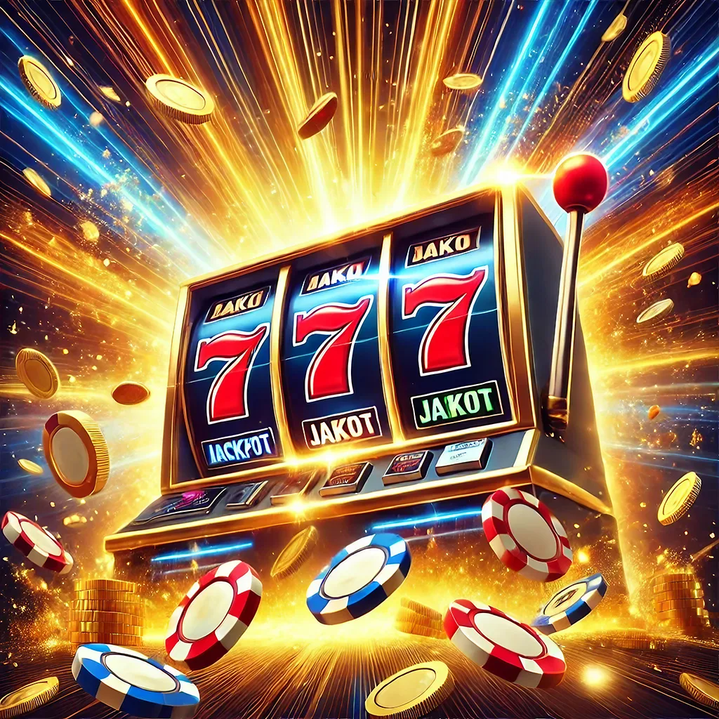 Slot machine showing 777 jackpot with coins and poker chips flying.